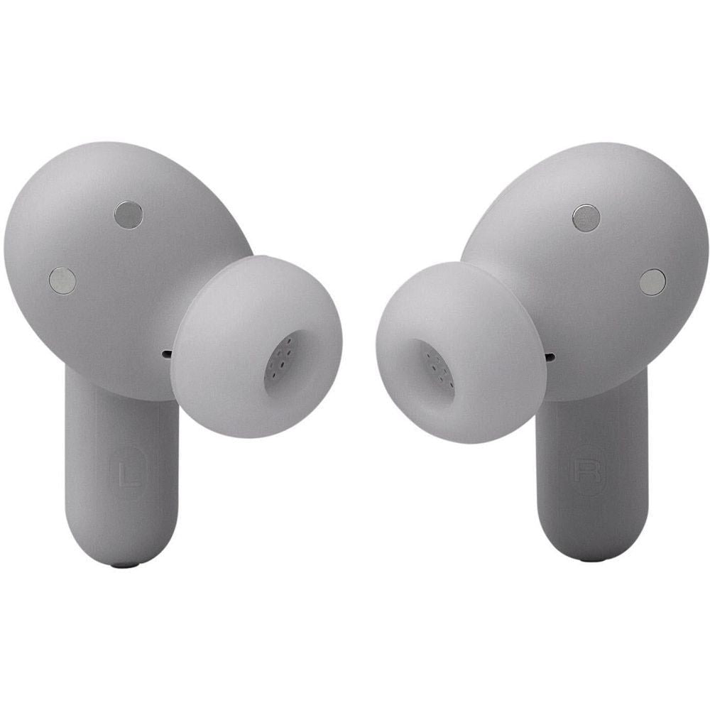 Silver JBL Live Beam 3 TWS earbuds, rear view with speaker mesh