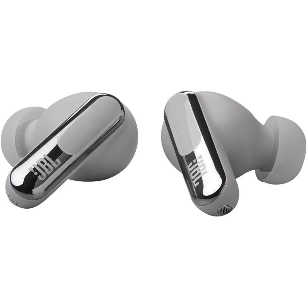 Silver JBL Live Beam 3 TWS earbuds, front view with glossy inner panel