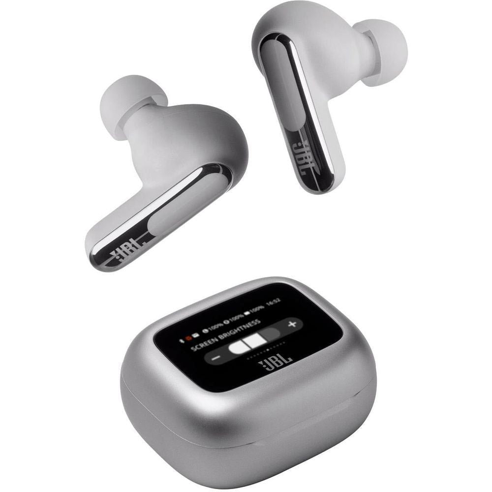 Silver JBL Live Beam 3 TWS earbuds with open charging case and display