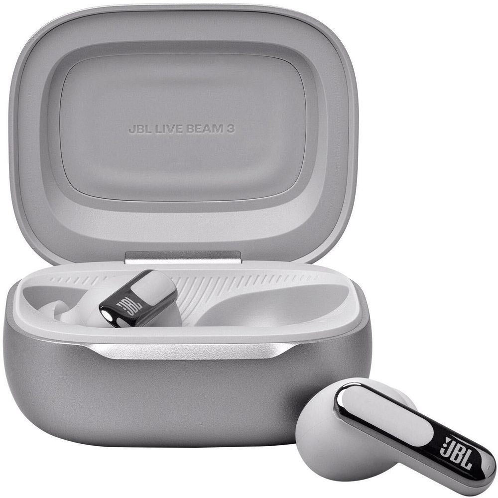 Silver JBL Live Beam 3 charging case with earbuds shown inside