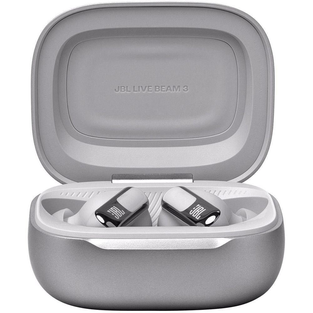 Silver JBL Live Beam 3 charging case with earbuds seated in cradle