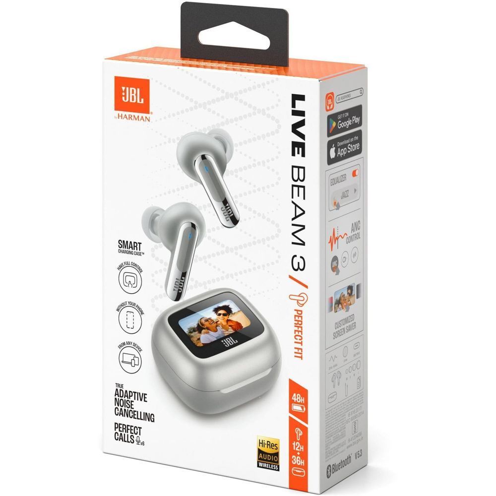 JBL Live Beam 3 TWS retail box showing earbuds and charging case