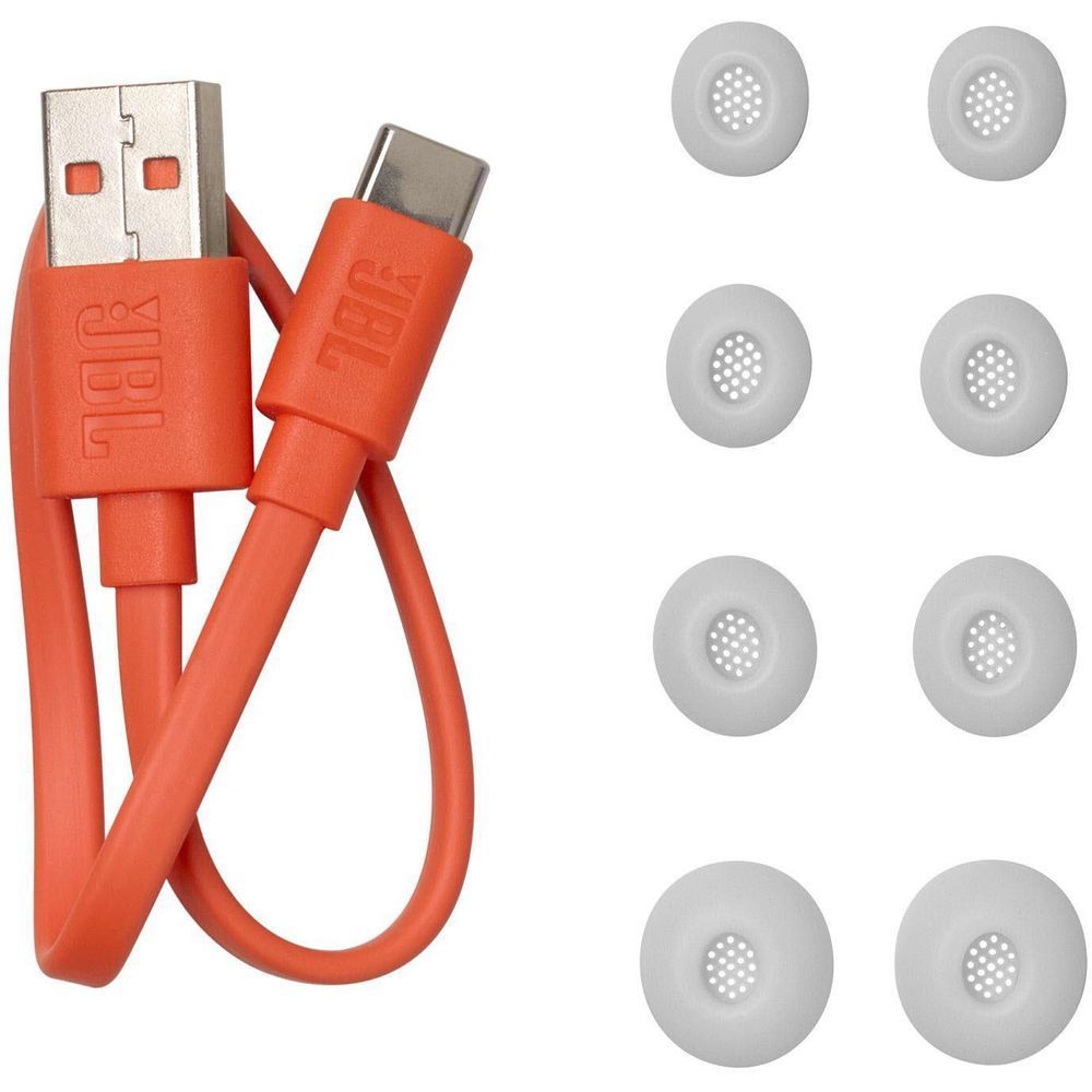 Orange USB cable and spare ear tips for JBL Live Beam 3 TWS