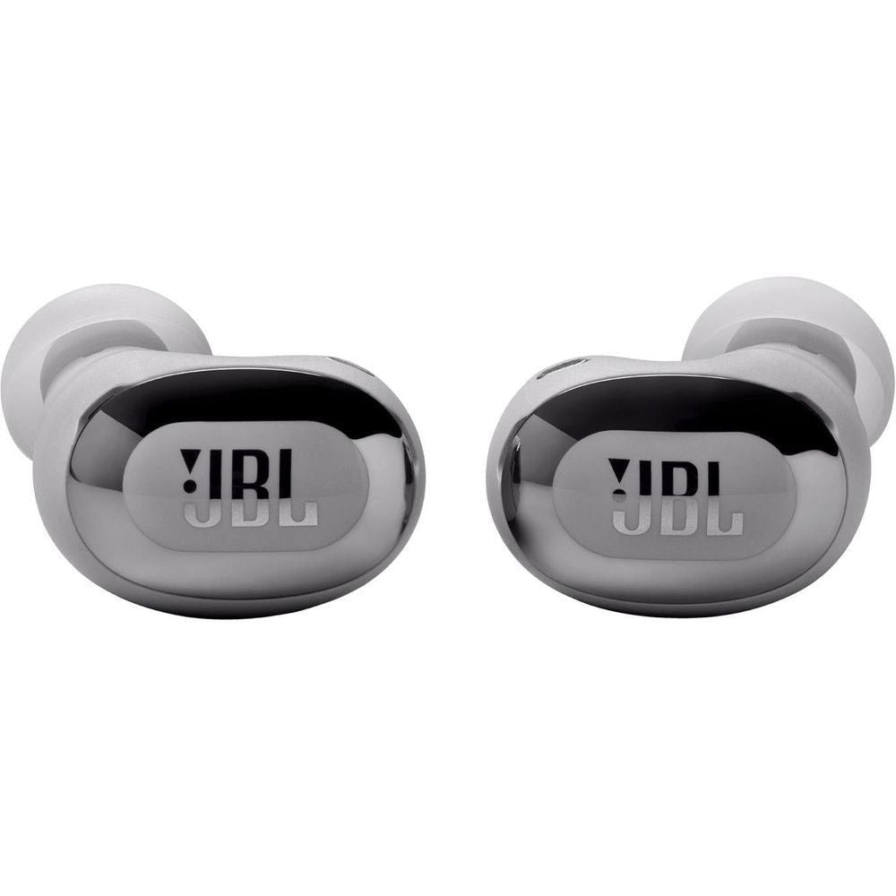 Silver wireless earbuds, showing glossy black inner faces with JBL branding