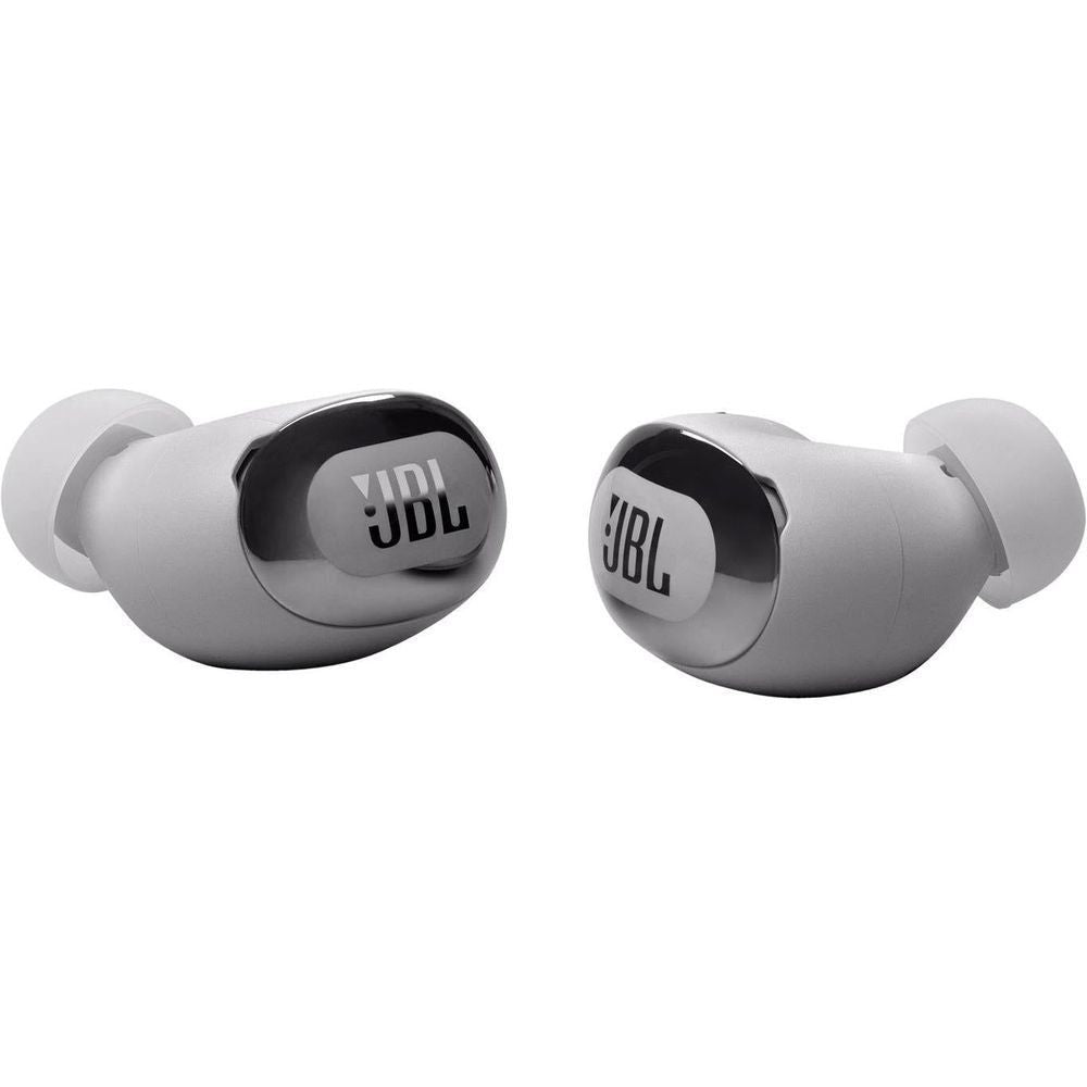 Silver TWS earbuds with rounded stems and black glossy earbud fronts
