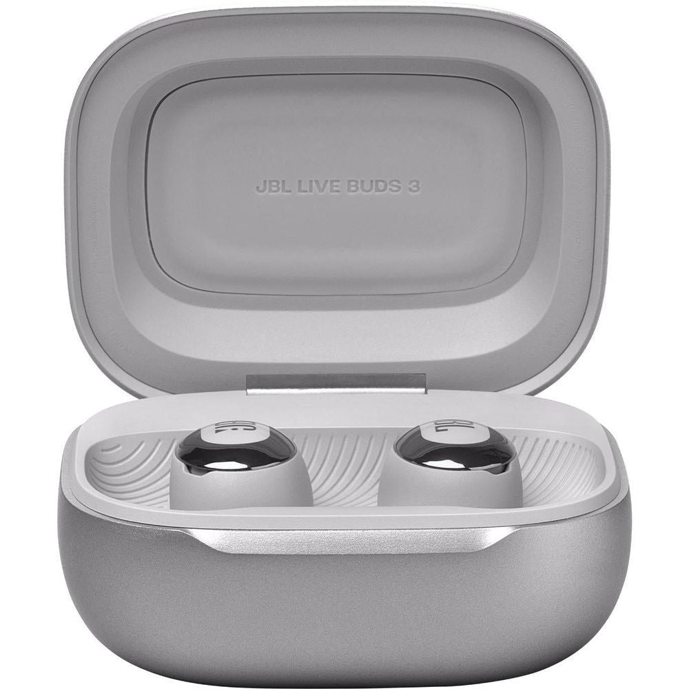 Silver charging case open, two earbuds seated on the charging contacts