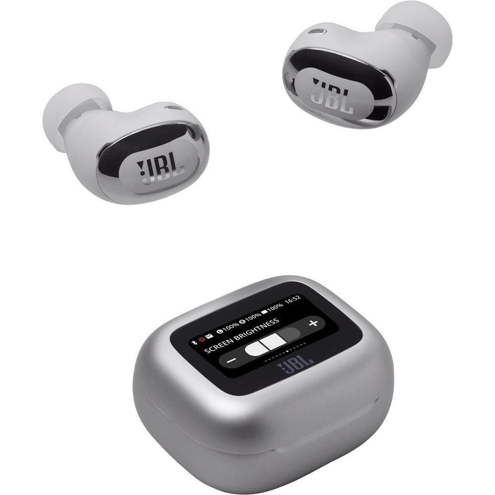 Silver wireless earbuds in different angles with black inner panels and branding