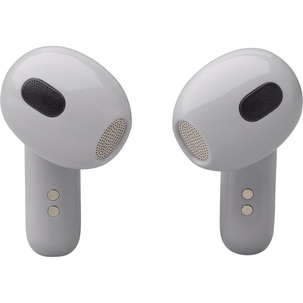 Silver JBL Live Flex 3 TWS earbuds showing speaker grilles on both buds
