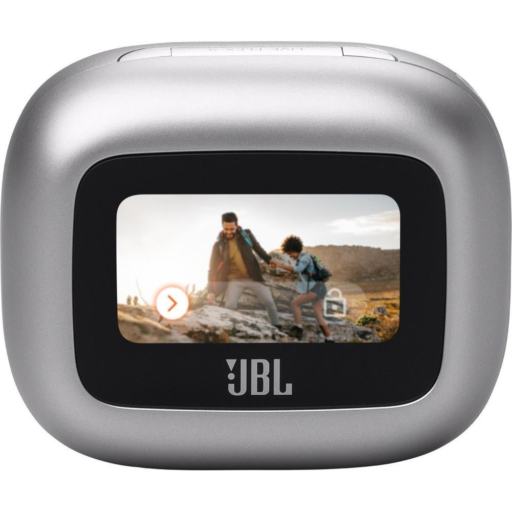 Silver JBL Live Flex 3 charging case with front screen window