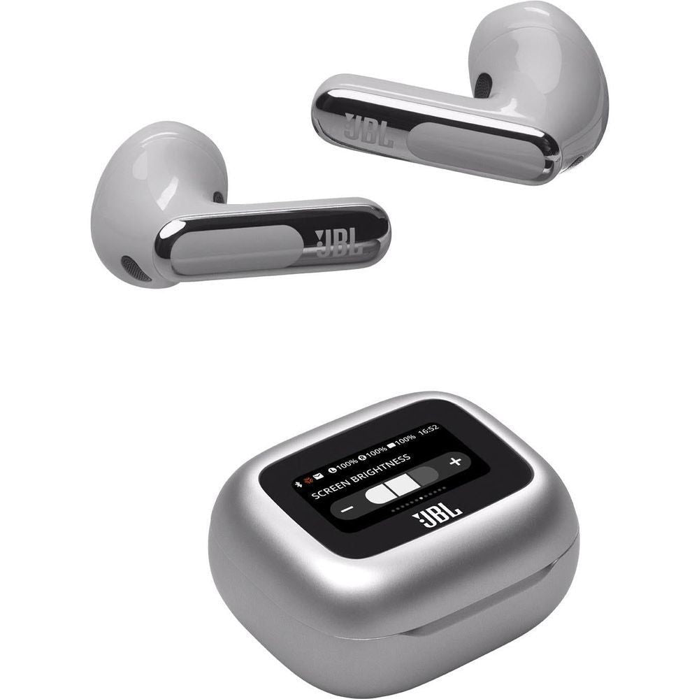Silver JBL Live Flex 3 earbuds with case, earbuds positioned above the tray