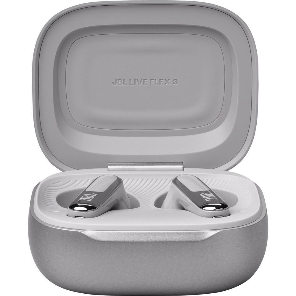 Silver JBL Live Flex 3 charging case open with earbuds resting in tray