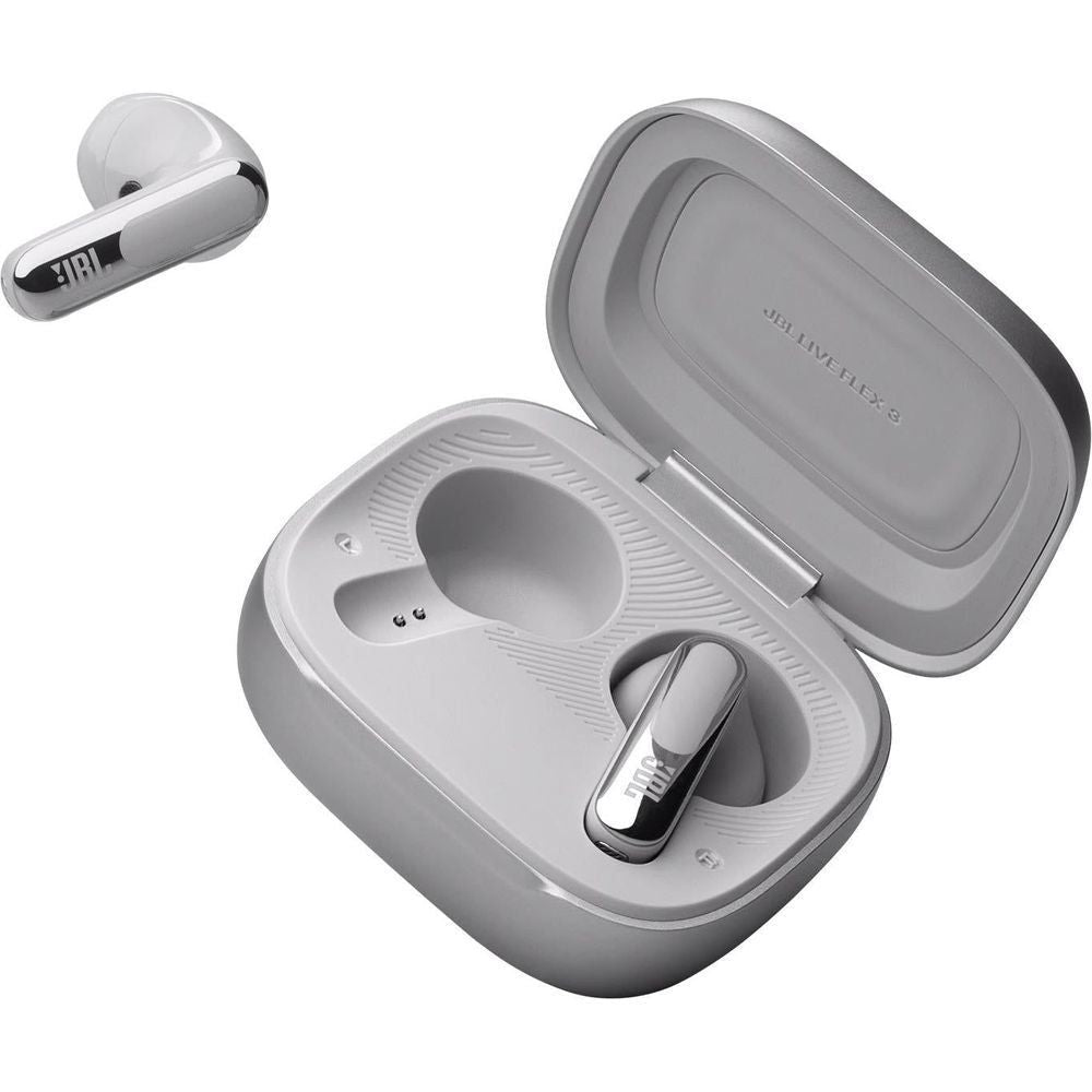 Silver JBL Live Flex 3 earbuds in open charging case with one bud lifted