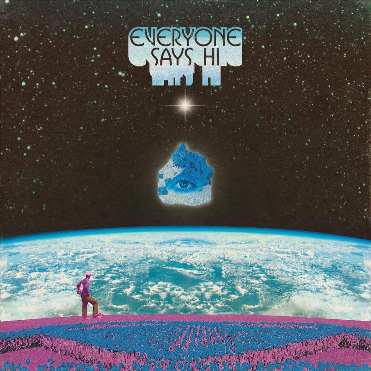 Space-themed wall art print with 'EVERYONE SAYS HI' logo over blue Earth scene