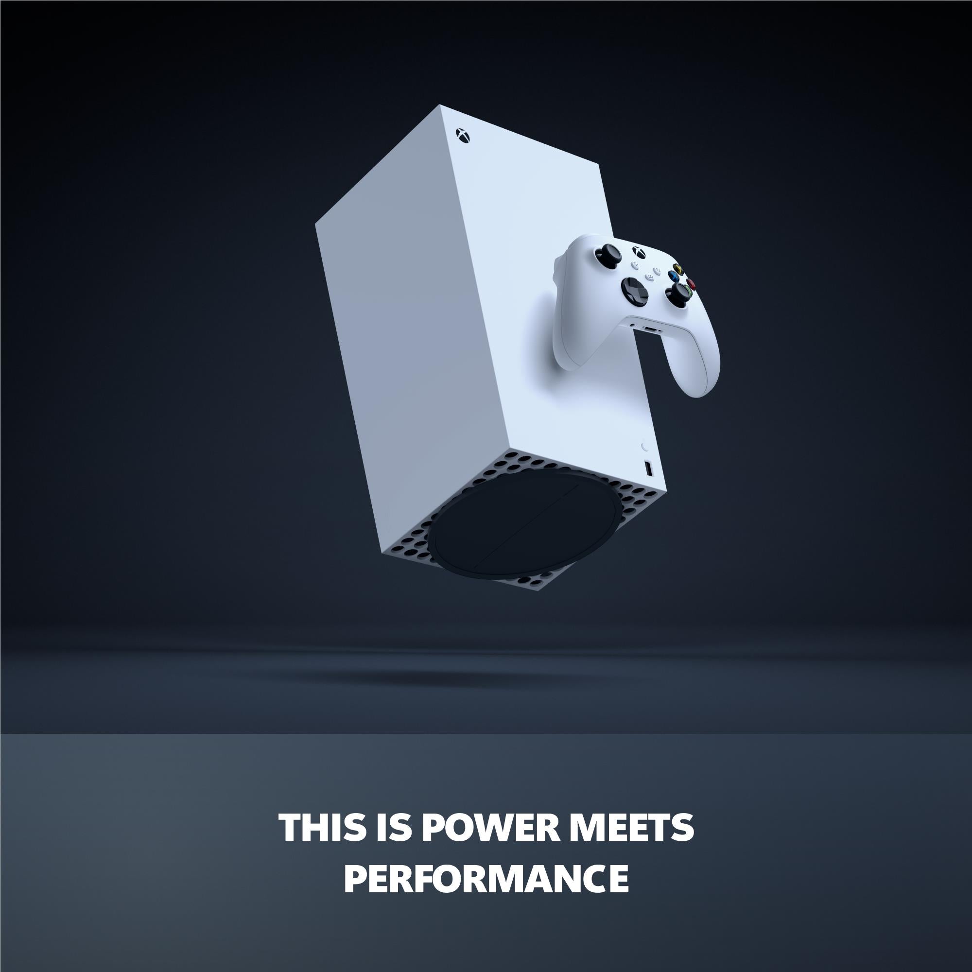 Xbox Series X digital console, white with wireless controller on display stand