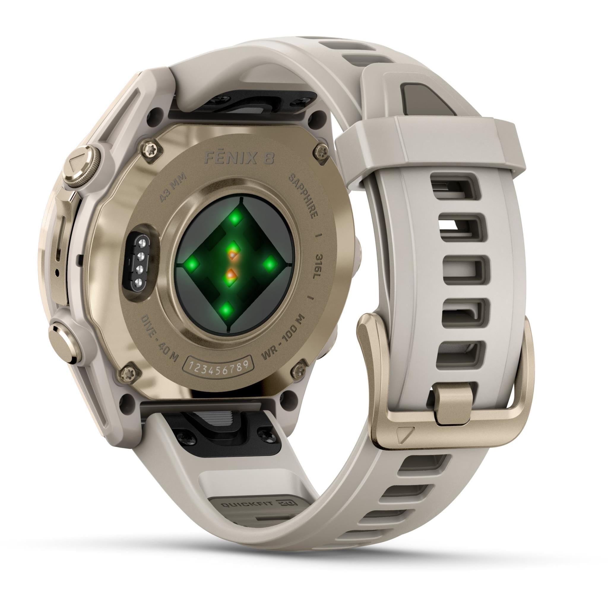 Garmin fenix 8 43mm AMOLED Saphire Edition, Soft Gold with Fog Grey/Dark Sandstone Band