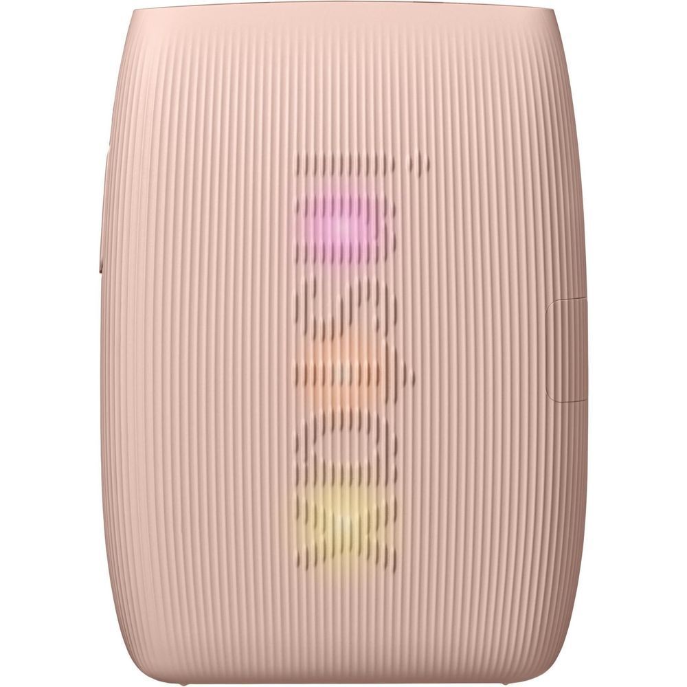 Rose pink compact photo printer, front view with a colorful print window