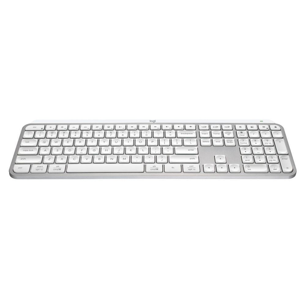 Pale grey wireless illuminated keyboard, full-size with QWERTY key layout