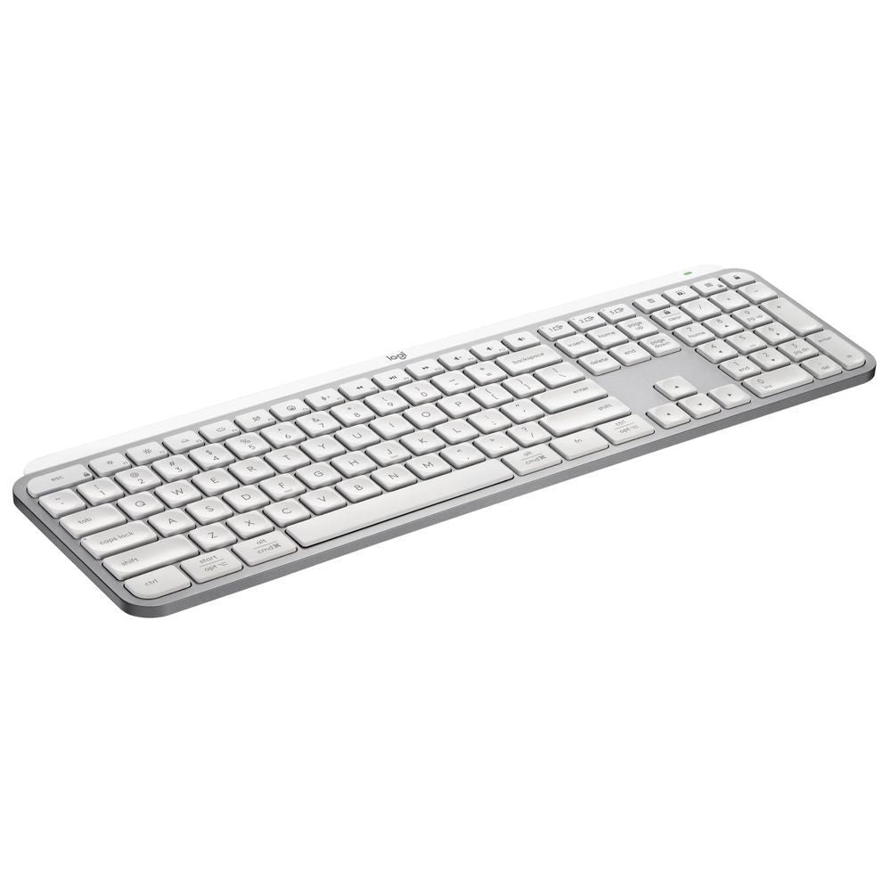 Pale grey wireless illuminated keyboard with chiclet keys, angled view