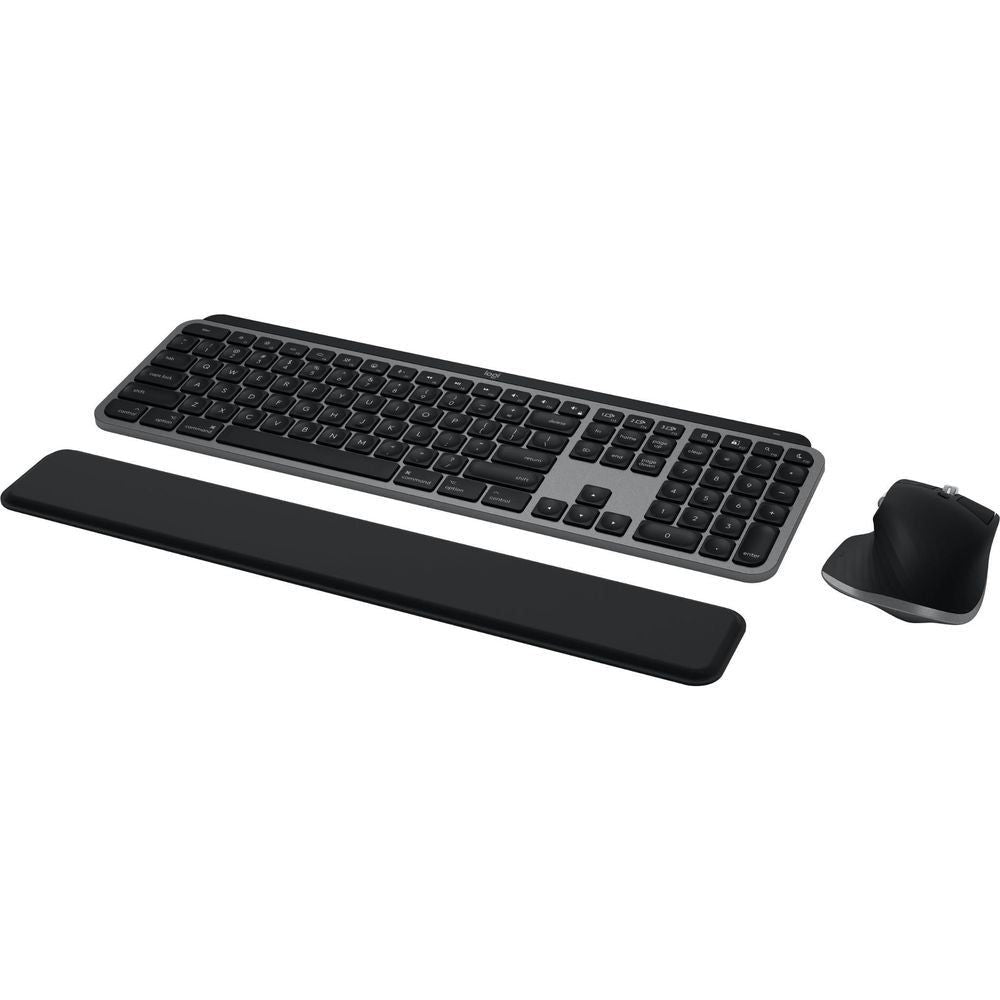 Wireless keyboard with wrist rest and mouse, dark gray angled view