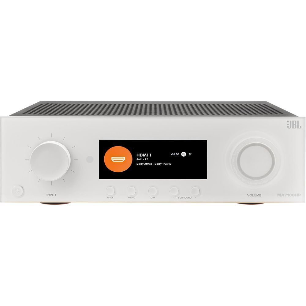 White JBL MA7100 AV receiver front panel with HDMI display and volume knob