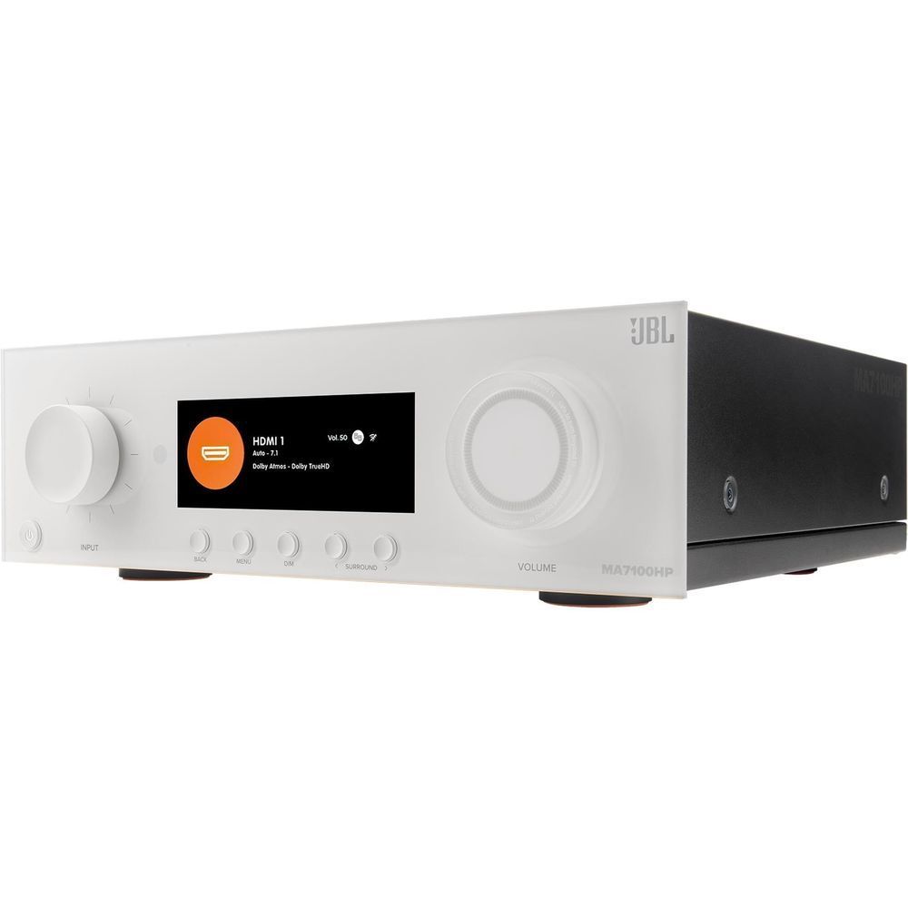 White JBL MA7100 AV receiver with black side panel, front dials, and screen
