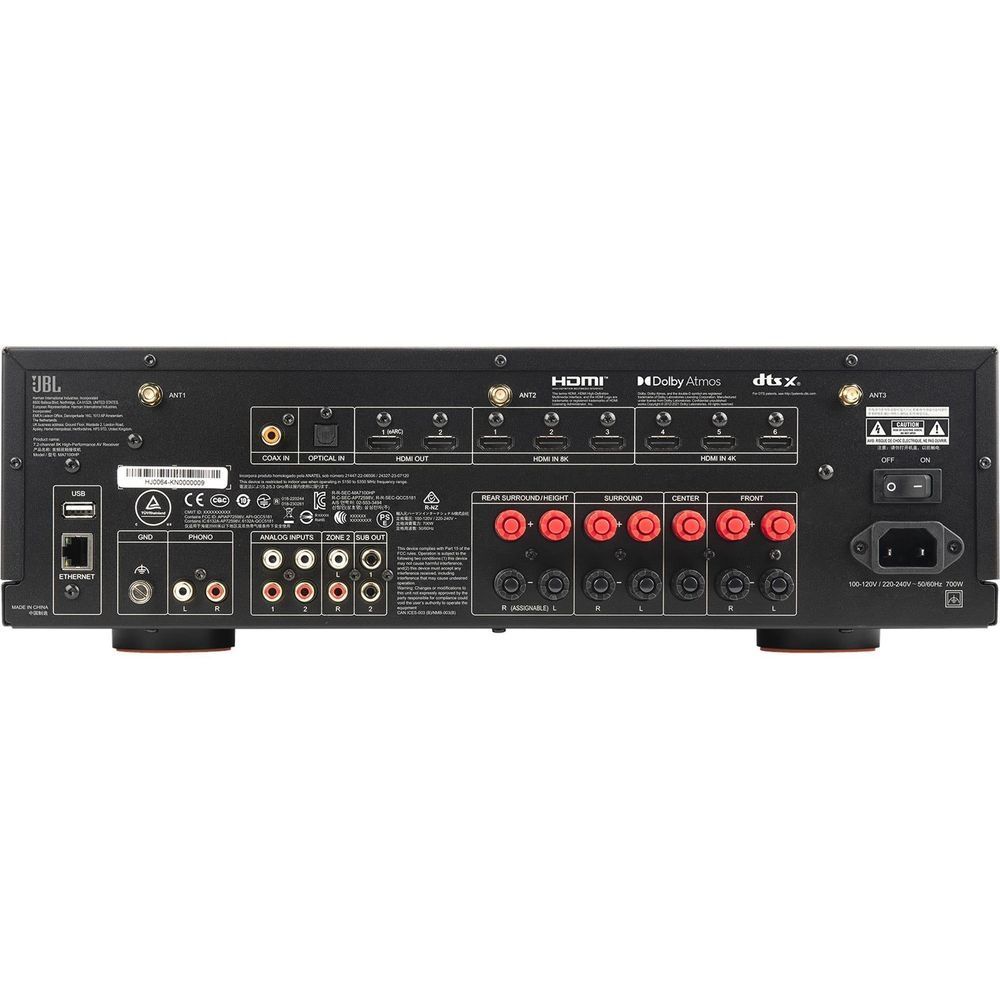 Black JBL MA7100 AV receiver rear connections panel with HDMI and speaker terminals