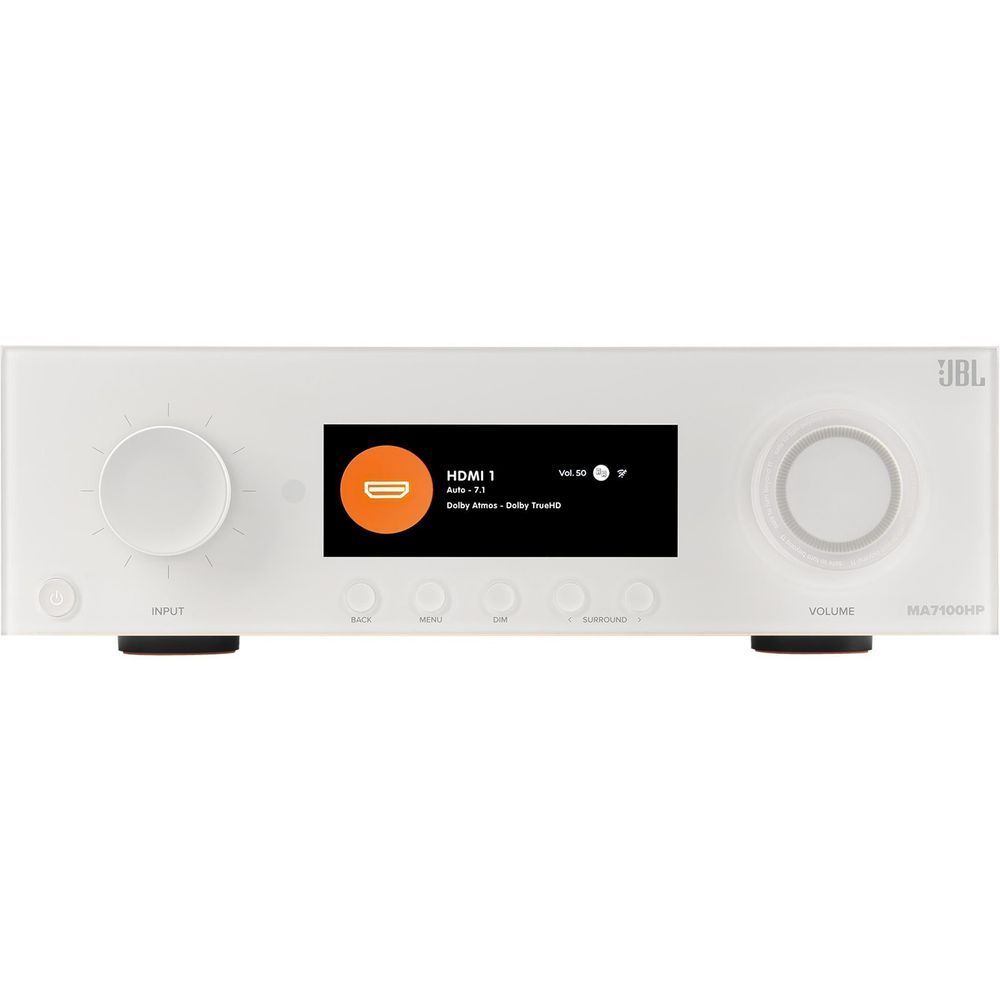 White JBL MA7100 AV receiver front panel with center screen and large control knob