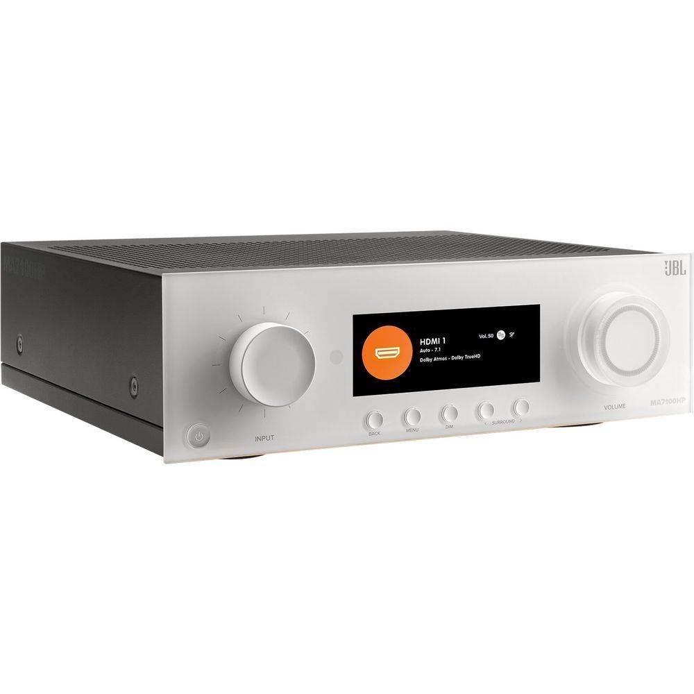 White JBL MA7100 AV receiver angled view with top grille and front controls