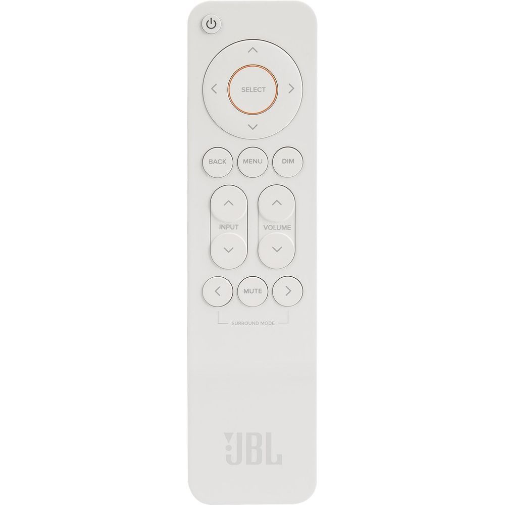 White JBL remote control with circular navigation and buttons