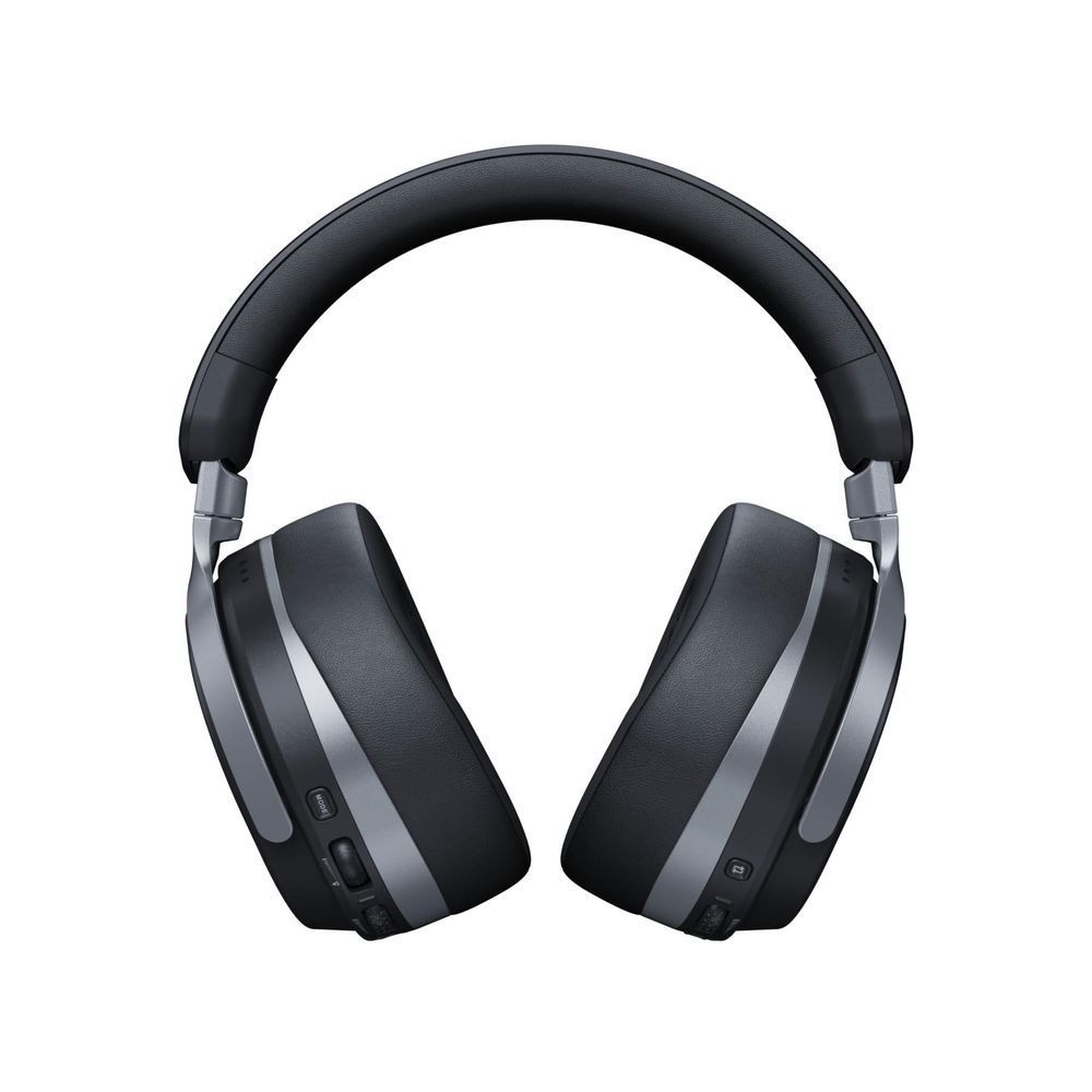 Wireless over-ear gaming headset, black earcups with silver side accents and button panels