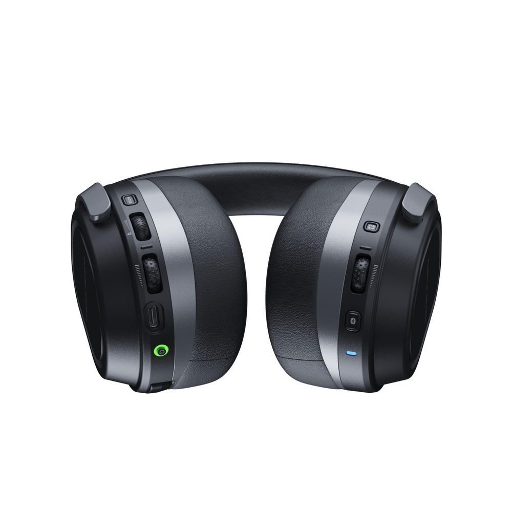 Wireless over-ear gaming headset, front view with black earcups, side buttons, and colored status lights