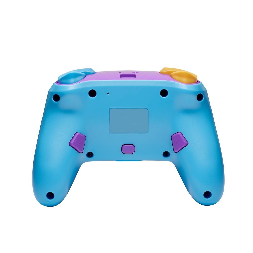 Wireless game controller back shell in light blue with four screw points and purple buttons