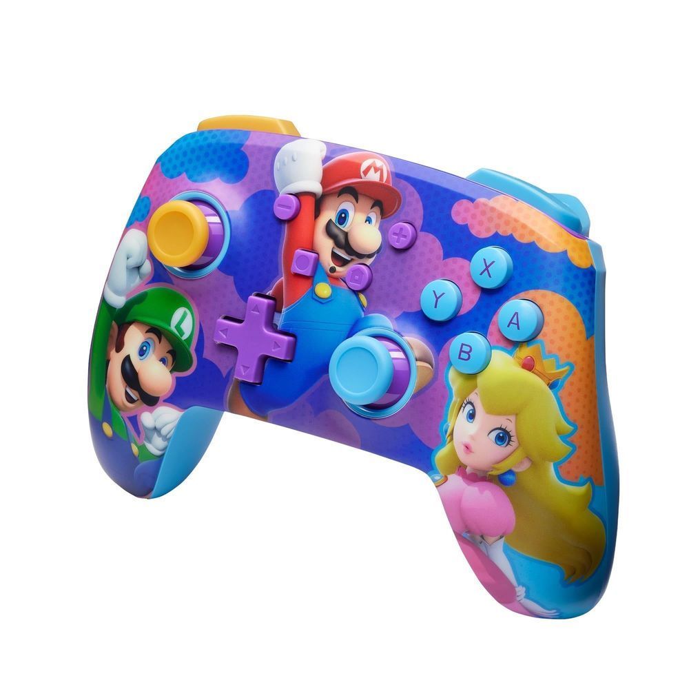 Wireless game controller front view with Mario, Luigi, and Peach artwork and ABXY buttons