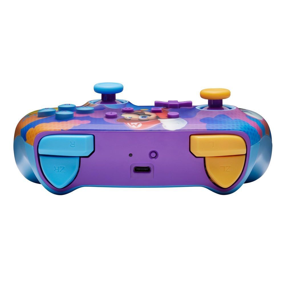 Wireless game controller underside with charging port, L-shaped grips, purple and yellow accents