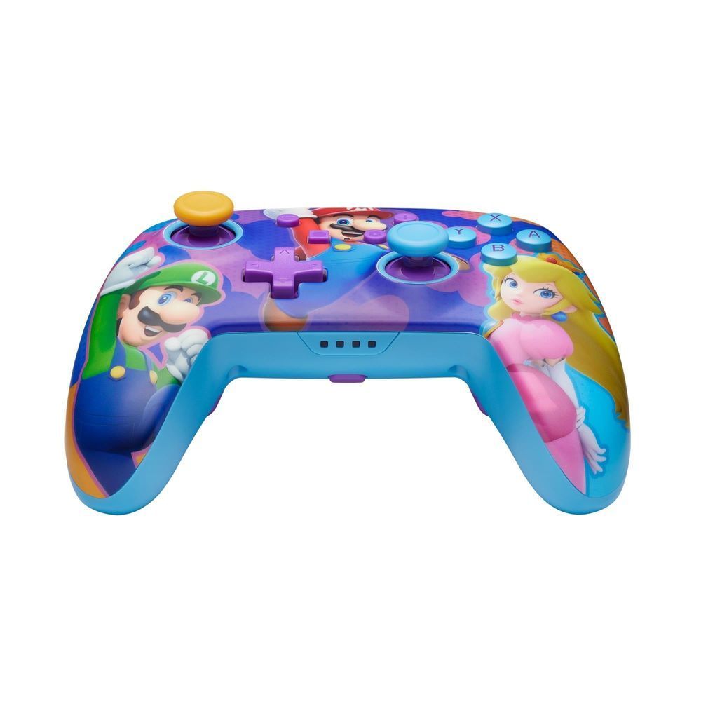Wireless game controller top view with triggers and thumbsticks, Super Mario artwork on handles