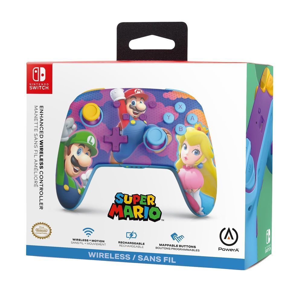 Wireless game controller retail box with Super Mario theme and wireless rechargeable badge