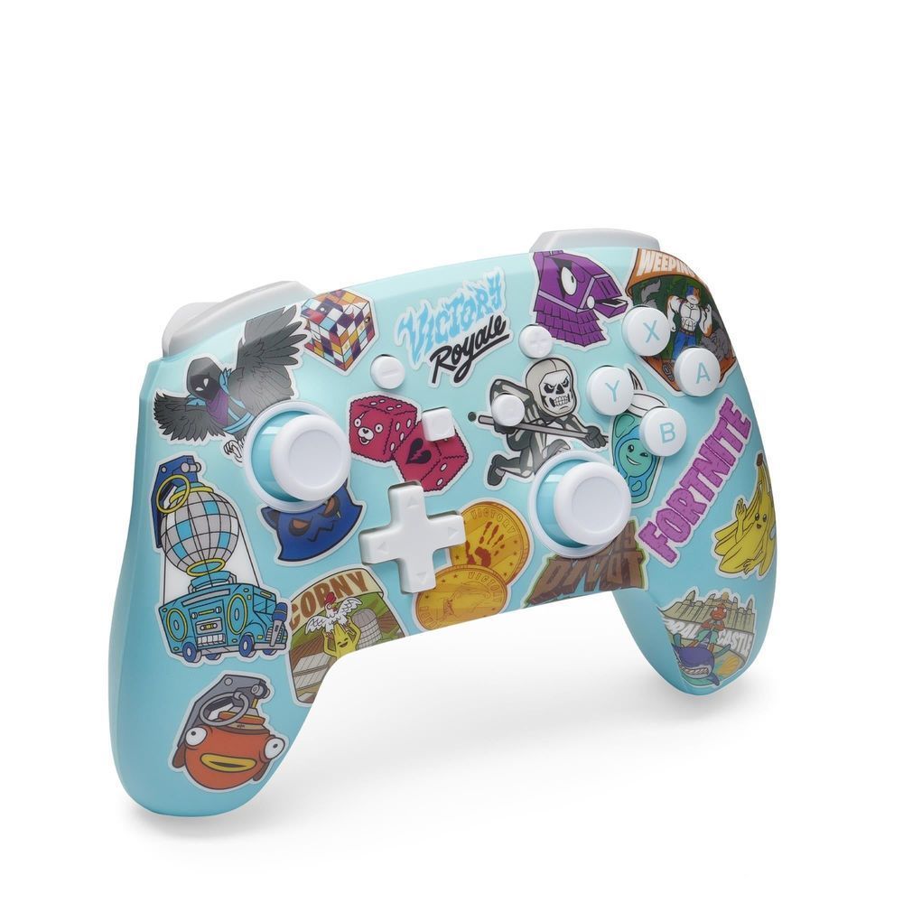 Light blue wireless controller with white thumbsticks, ABXY buttons, and Fortnite sticker graphics