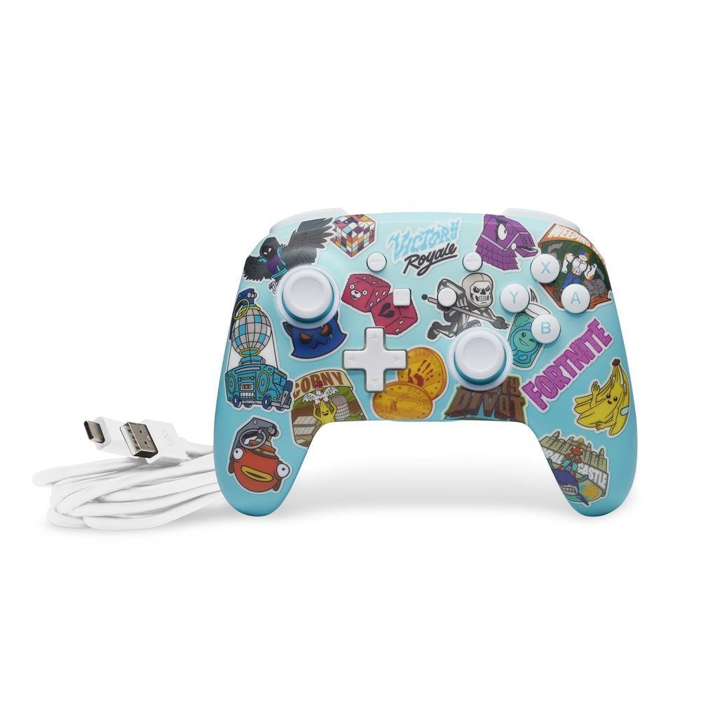 Light blue wireless controller with Fortnite stickers and included white USB charging cable
