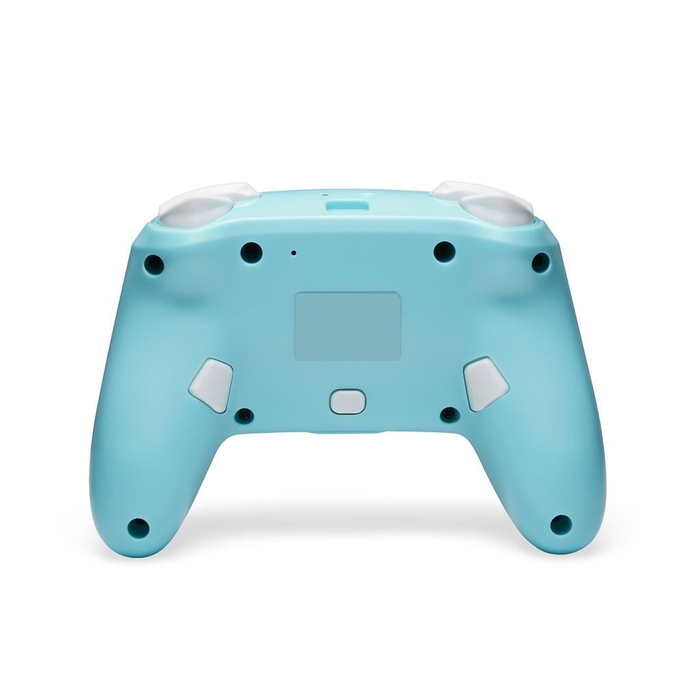 Light blue controller back with four screw holes, central label area, and trigger grips