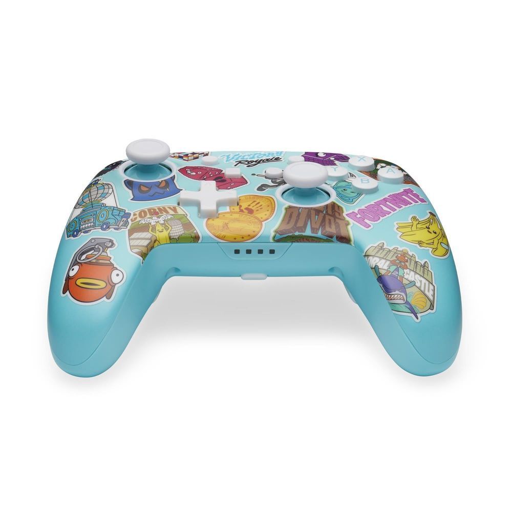 Light blue controller top with white thumbsticks and colorful Fortnite sticker button layout