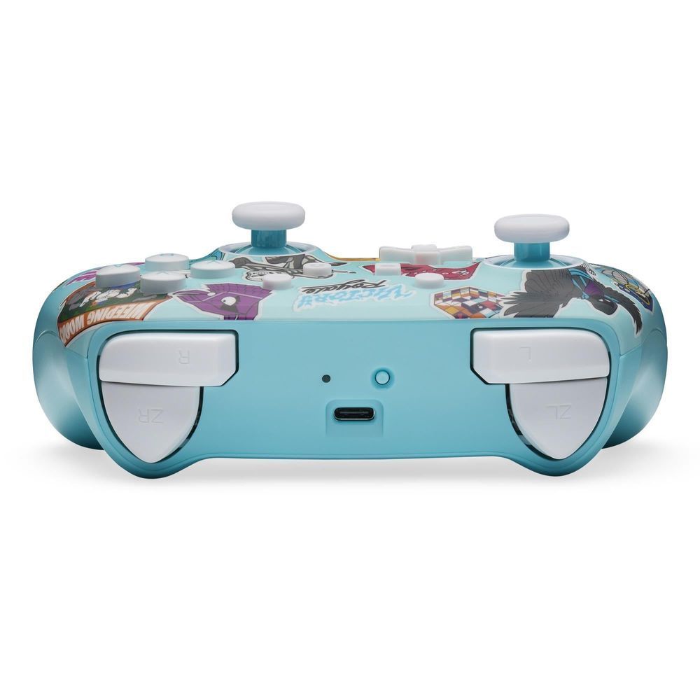 Controller underside with two white grips and central port, light blue Fortnite sticker edge