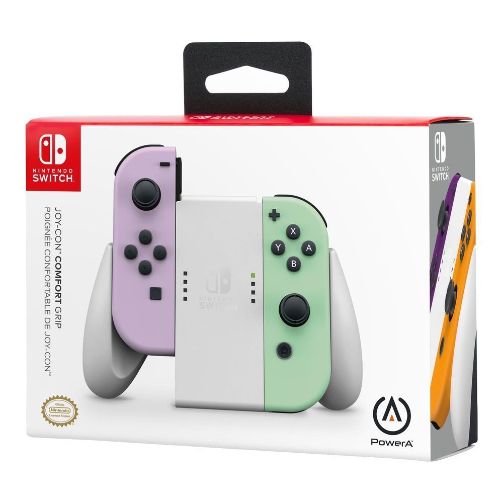 PowerA Switch Joy-Con comfort grip retail box with purple and green controllers