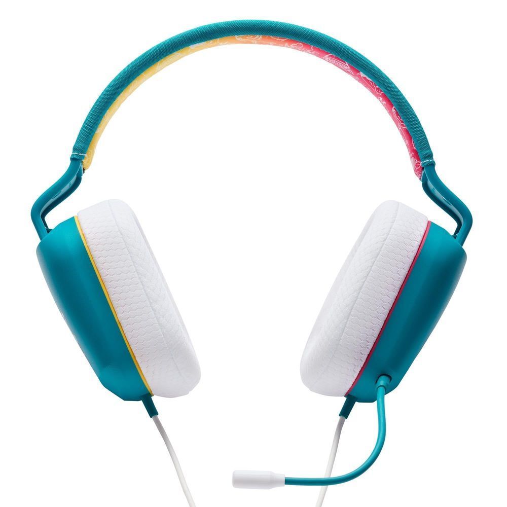 Teal wired over-ear headset with white ear pads and connected boom microphone