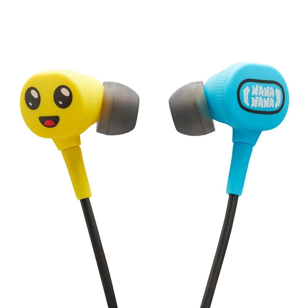 Pair of wired earbuds with yellow and blue character earpieces and black cords