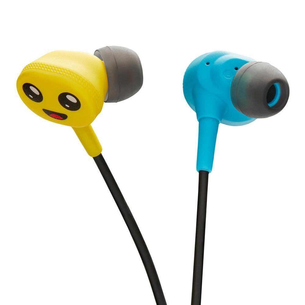 Wired earbuds with yellow and blue character earpieces and angled black ear tips