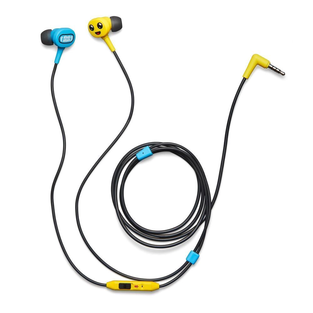 Wired earbuds set with coiled black cable and 3.5mm plug with inline mic