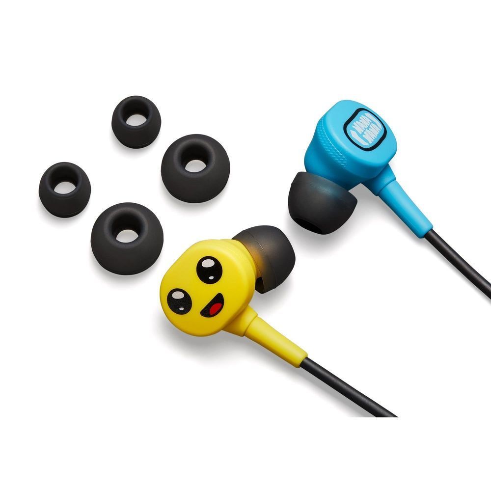 Wired earbuds with black ear tips and yellow and blue character earpieces