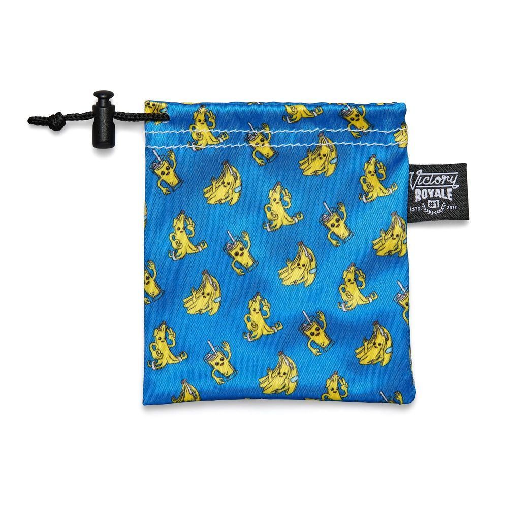 Blue drawstring pouch with repeated character pattern and Victory Royale patch