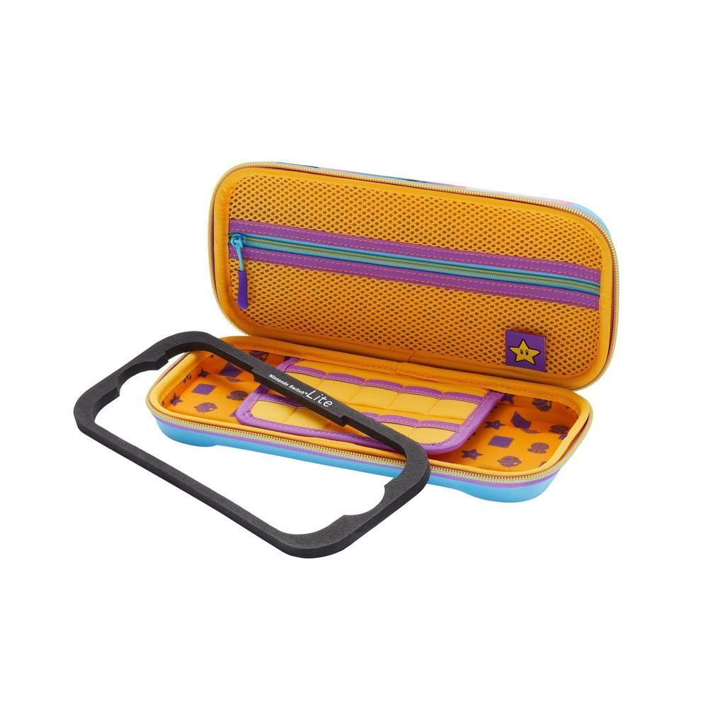 Open protection case with orange mesh exterior, purple dividers, and console holder.