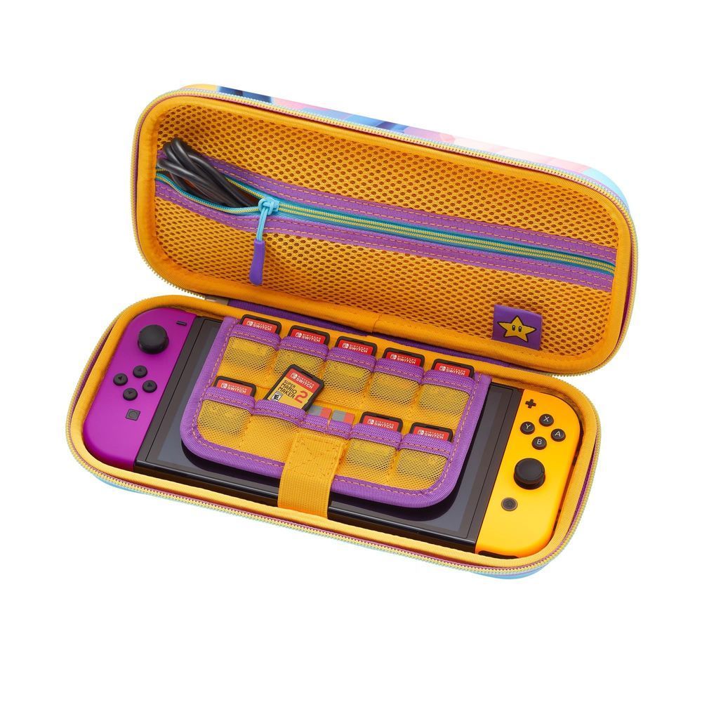 Open case interior with purple organizer straps and slots for Switch controls, orange shell.